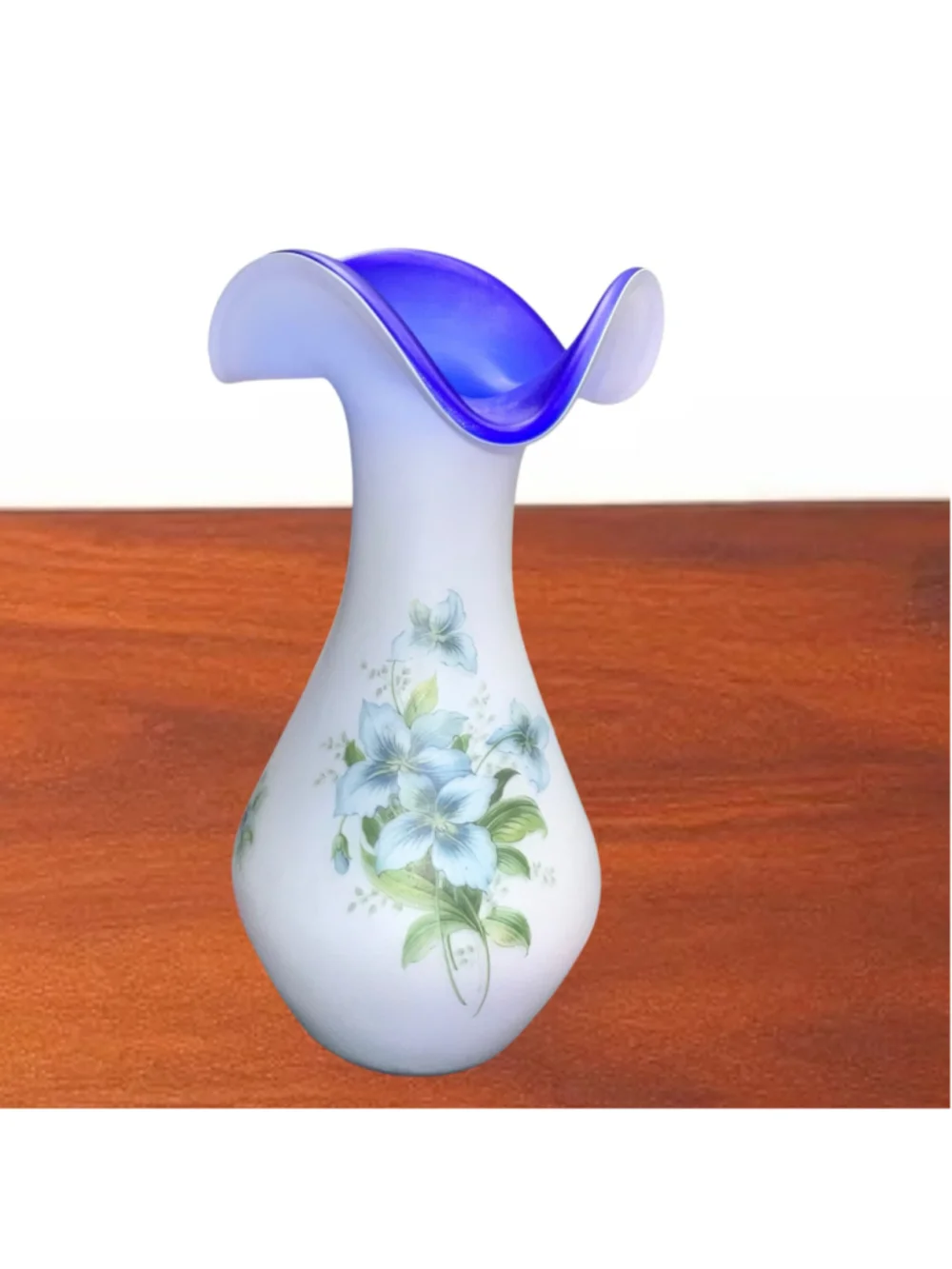 Vintage Made Italy White Satin Cobalt Blue Ruffled Rim Floral Art Glass Vase 12”